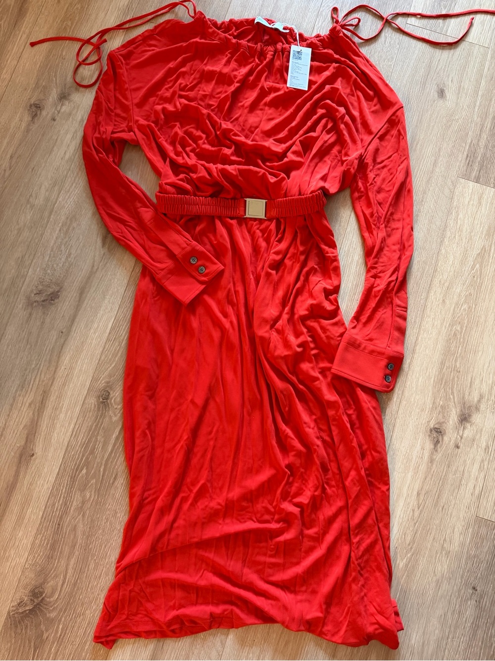 Tory Burch Vibrant Red Long-Sleeve Belted Midi Dress, gathered neckline
